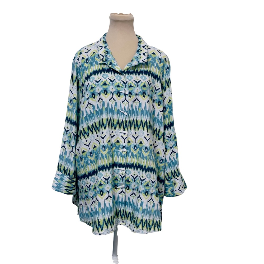 Ali Miles Tunic 1X Blue Green Ikat Linen Blend Shirt Toggle Button Boho Coastal